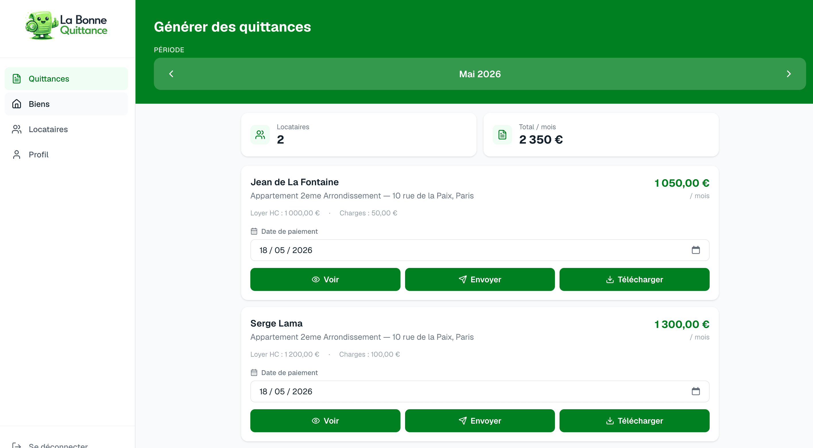 Dashboard La Bonne Quittance